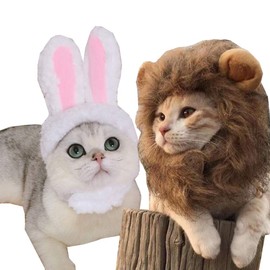 Juego de 2 pelucas de melena de león para disfraz de gato, conejo, sombrero de conejo con orejas, cosplay, disfraz de Halloween, accesorios para gatos y perros pequeños