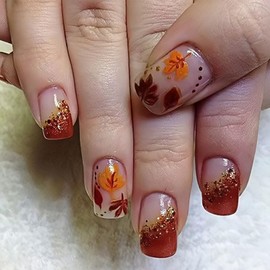Thanksgiving Press on Nails Square Shaped Acrylic Medium Fall Square False Nails with Maple Leaf Designs Artificial Autumn Maple Leaves Fake Nails Holiday Glue ons Fingernails for Women Girls(YS289)