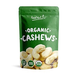 Organic Raw Cashews, 1 Pound - Non-GMO, Whole, Large, Premium Fancy Nuts, Unsalted, Unroasted, Kosher, Vegan, Bulk, Low Sodium. Good Source of Protein, Copper, Zinc, Selenium, and Thiamin