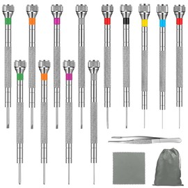Precision Screwdriver 16 Pieces Repair Tool Watchmaker Kit with Tweezers, Cleaning Cloth and Storage Bag Set with Small Rotary Screws Watchmakers Precision Repair Tool, metallic