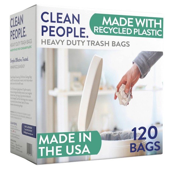 Clean People Trash Bags, Tall Drawstring Kitchen Garbage Bags, 13 Gallon Capacity, 120 Bags, Made with 65% Recycled Material, Unscented