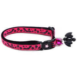 Bats & Stars - Collar de gato de Halloween con campana, cuello de seguridad separable, tamaño grande ajustable o collar de gatito (L (10 libras en adelante), rosa brillante)