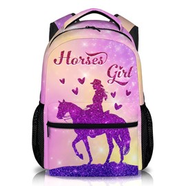 FLEXIMX Girls School Backpacks for Kids, Cute Horse Backpack, 17 Inch Pink Elementary Backpacks, Large Capacity Lightweight Bookbag for Preschool