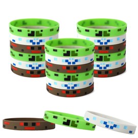 24pcs Pixel Silicone Bracelets, 3 Styles Pixel Themed Birthday Party Favors Mining Wristbands for Kids Teens Game Party Decorations Goodie Bag Supplies