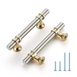 HOME EDIT Brushed Nickel and Brushed Brass Cabinet Handles, 3 Inch Hole Center Modern T-Bar Drawer Pulls, Decorative Hardware for Cabinets, Dressers, and Drawers, 5 Pack