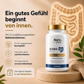 Flora Plus - Intestinal Treatment Probio Cultures Complex with 23 Bacterial Strains & 600 Billion KbE, Without Inulin & Without Artificial Probiotics I 60 Enteric Juice-Resistant & Vegan Capsules with Lactobacillus Salivarius