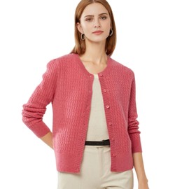 PHYLIN LEAF 100% Cashmere Women's Cable Knit Cardigan Sweater Long Sleeve Crew Neck Warm Button Down (Large, Rose Pink)