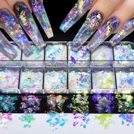 12 Colors Holographic Glitter Nail Art Sequins Aurora Iridescent Nail Flakes Glitter Chameleon Flakes Irregular Ice Slag Glass Paper Ultra Thin Mermaid Nail Glitter for Nail Art Make-up DIY Decoration