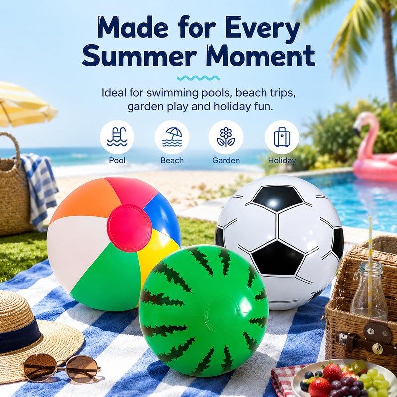 3 Pack Inflatable Beach Balls - Watermelon & Football Designs