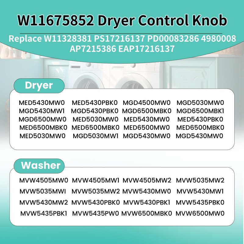 W11675852 W11328381 Washer Dryer Control Knob Timing Knob (Large) Compatible
