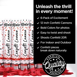 Blaise Pyro & Party Red Confetti Poppers - Easy to Use Paper Confetti Poppers for Weddings, Birthdays, Anniversaries & More - Colorful Confetti Cannon for Memorable Photos - 6 Pack, 12 Inch