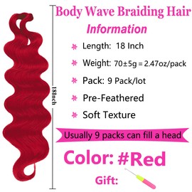 COOKOO 9 Packs Body Wave Braiding Hair 18 Inch Red Pre-Feathered Bouncy Wavy Braiding Hair French Curls Braids Synthetic Hair Extensions for Boho Box Braids(Red#)