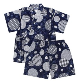 Happy Jinbei Baby Boys' 100% Cotton Made in Japan Fabric Jinbei Suit Top and Bottom Festival Children's Jinbei, Japanese pattern polka dot/navy blue - 9057