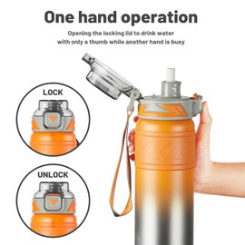 TKK 24 oz Insulated Water Bottle with Straw, Leak Proof Stainless Steel Double Wall Vacuum Bottles with Strap, Reusable Metal Sports Water Bottle for Hot & Cold Drinks, Dishwasher Safe, Orange