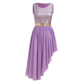 Praise Dance Dress for Women Metallic Tank Top Shiny Sequins Waist Chiffon Skirt Worship Overlay and Tunic Adult Lyrical Contemporary Dance Costume Liturgical Dancewear Purple 2XL