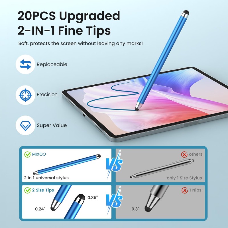 MIXOO Stylus Pen for Touch Screens, Stylus with 20pcs 0.35''/0.24''