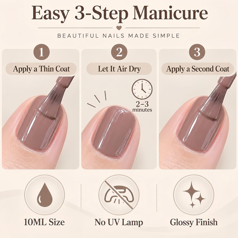 10ML Taupe Nail Polish, Air Dry Glossy Nail Lacquer, No