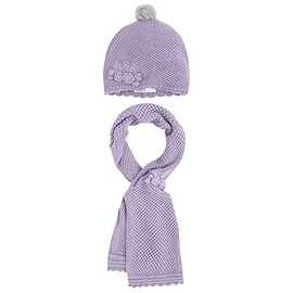 Little Girls Flower Applique Angora Blend Knit Hat/Scarf Set (1-Small, Purple)