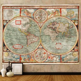 Old Map of the World Tapestry Wall Hanging, Medieval Europe Retro World Map Vintage Earth Hemisphere Posters Office Wall Decor Tapestries, Renaissance Nautical Chart Map Tapestry for Bedroom Home