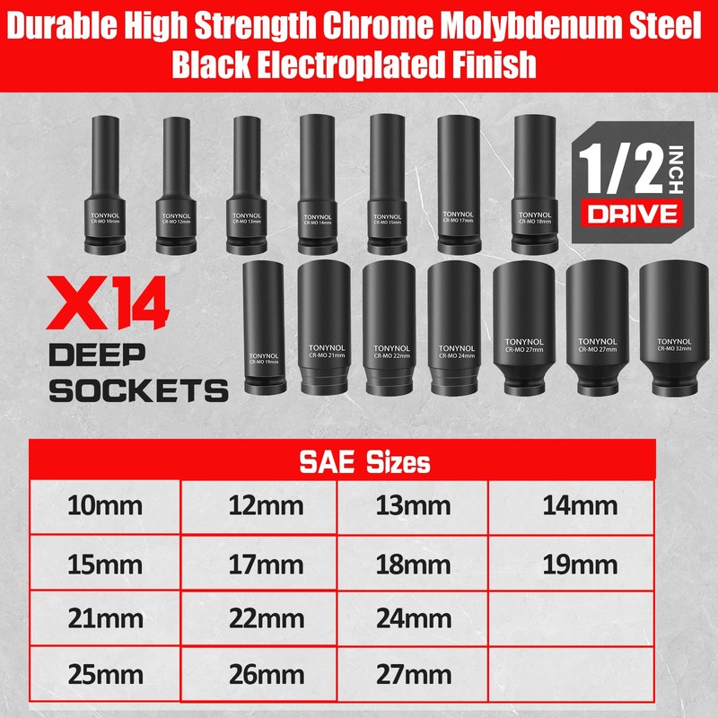 TONYNOL 1/2 Inch Deep Drive Impact Socket Set,12-Point,Metric (10mm-32mm),14 Pcs,Cr-Mo