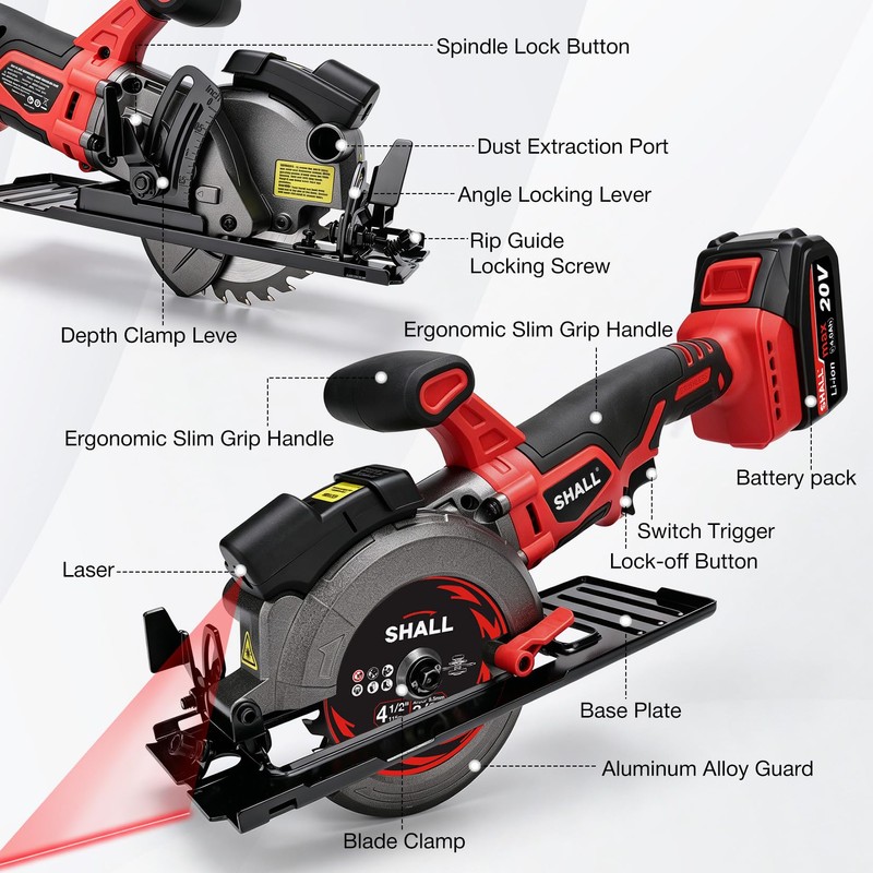 SHALL 20V Cordless Mini Circular Saw, 4-1/2’’ 4000RPM Power Circular
