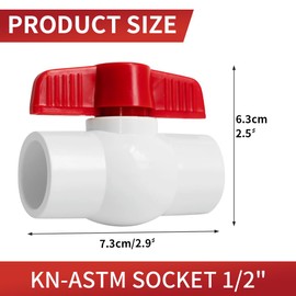 1/2 Inch PVC Ball Valve ASTM SOCKET Water Shut-Off Schedule 40X Solvent Connections T-Handle White & Red KZUVETAON
