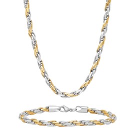 Elegant Fusion Two-Piece Stainless Steel Chain & Bracelet Set Yellow Finish, 24" Length