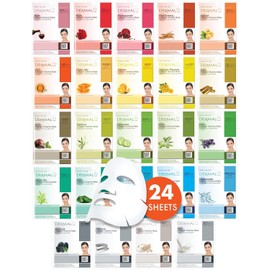 DERMAL Korea - Surtido de 24 Mascarillas faciales. Mascaras Coreanas en tela hidratante con Colágeno y Vitamina E - 24 PACK