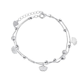 925 Sterling Silver Adjustable Layered Bracelet for Womens, 17cm+3.5cm, with Ginkgo Leaf Charms, Girls Jewellery Gift