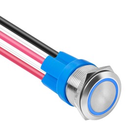 KWONONG LED Latching Push Button Switch, Stainless Steel, IP67 Waterproof 5-24V 20A 1NO1NC, with Wire Socket Plug (1, Blue, 22mm)