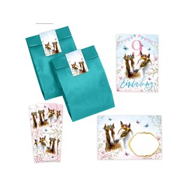 Minkocards 12 Invitation Cards for 9th Children's Birthday Girls Horses Invitation Ninth Birthday Including 12 Envelopes, 12 Party Bags / Petrol Blue, 12 Stickers and 12 Bookmarks