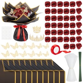 BENECREAT Juego de 40 ramos de flores con rosas artificiales con purpurina, papel de regalo de flores, mariposas 3D, coronas y tallos para el día de S