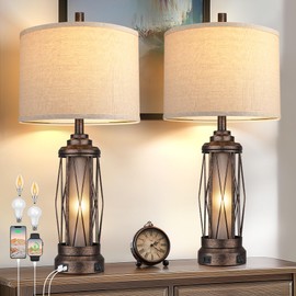 Qimh Farmhouse Table Lamps for Living Room, Rustic Nightstand Lamp for Bedroom with USB A+C Charging Ports, Frosted Glass Bedside Lamp with Night Light for Entryway End Table, 4 Bulbs Included, Bronze