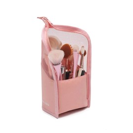 Makeup Brush Bag Travel Makeup Brush Holder Multifunctional Cosmetic Brush Holder Semi Clear Make Up Brush Holder Organiser Bag Waterproof Make Up Brushes with Zip Pencil Case, Pink