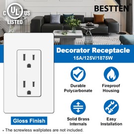 BESTTEN 20 Pack 15 Amp Decor Electrical Wall Outlet Receptacle, Non-Tamper-Resistant, 15A/125V/1875W, for Residential and Commercial Use, UL Listed, White