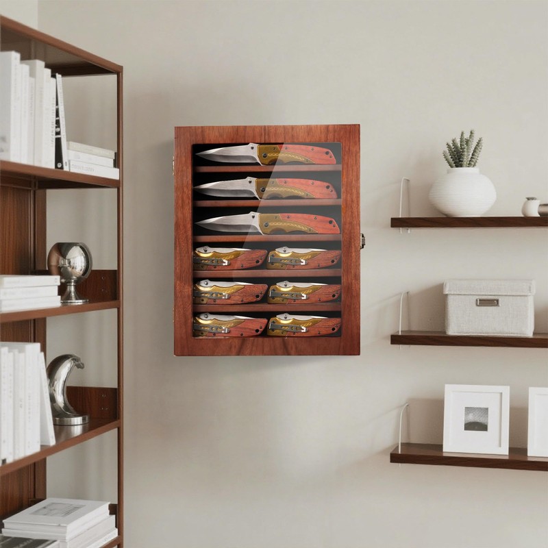 DecoWoodo Knife Display Case for Wall, Lockable Pocket Knife Display