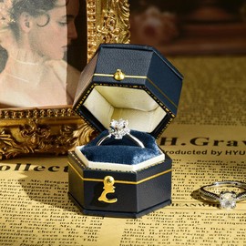 TAIMY Classical Victorian Style Engagement Tiny Ring Box, Handcrafted Vintage Antique Gift Ring Box Proposal Pocket Size Small Keepsake Jewelry Box (Blue, Hexagon)