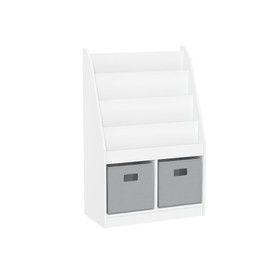 RiverRidge Kids Bookshelf & Toy Storage Organizer with 4 Book Racks, 2 Cubbies and 2 Gray Storage Bins - Versatile Book Nook Toy Tidy