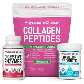 Physician's Choice Ultimate Bundle: Collagen, 60B Probiotic, & Digestive Enzymes - Collagen Peptides Powder, 60 Billion CFU Probiotic 30ct, & Digestive Enzymes 60ct - Supports Skin, Hair, Nails, Gut Health, Digestion, Bloating & Nutrient Absorption
