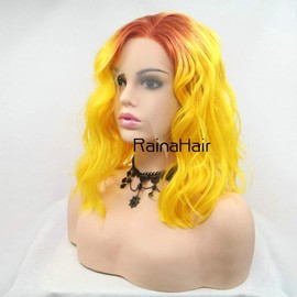 RainaHair 14inches Short Bob Lace Front Wig for Women Shoulder Lenght Synthetic Wigs for Cosplay Party Bob Hair Wigs (Orange Roots to Yellow)