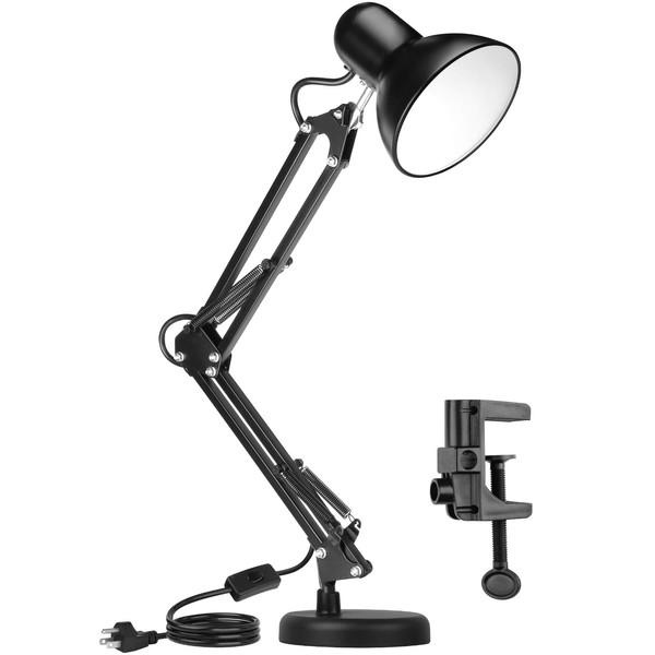 Metal Desk Lamp, AmeriTop Adjustable Goose Neck Swing Arm Table Lamp with Interchangeable Base Or Clamp; Eye-Caring Study Desk Lamps for Bedroom, Study, Office, Table (Black)