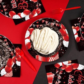 48pcs Red and Black Party Supplies,include 16 Dessert plate,16 Napkin And 16 Fork,Red Party Plate Napkin Fork Set,Used for Black Party Decoration