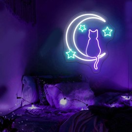 Moon Cat Neon Wall Art – Vibrant LED Decor for a Lively Place, Cat Wall Decor, Kids Room Wall Decoration, Led Wall Art, Custom Size