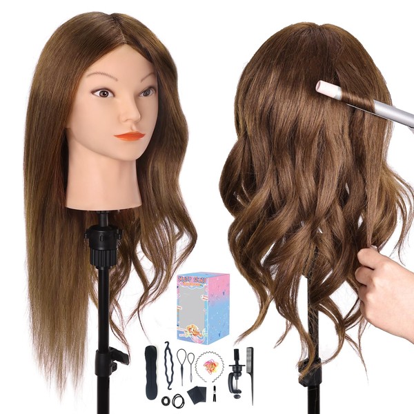 Yofuly Mannequin Head with 100% Real Hair, 18" Dark Brown Real Hair Mannequin Head, Manikin Cosmetology Doll Head with Clamp Holder, Practice Doll Head for Hair Styling, Braiding, Curling and Cutting