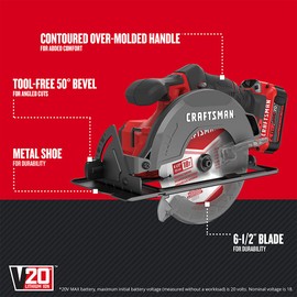 CRAFTSMAN V20 Cordless Circular Saw Kit, 6-1/2 inch, Battery and Charger Included (CMCS500M1)