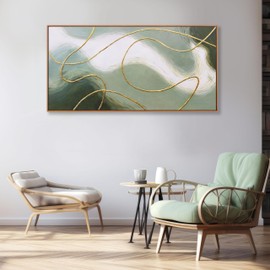 Framed Abstract Wall Art Room Decor Aesthetic Green White and Gold Lines Boho Canvas Wall Decor Artwork Modern Home Wall Decor for Living Room Bedroom Office Decor 24"x48"