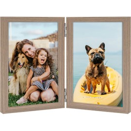 THCASITO 4x6 Double Picture Frame Vertical Wooden Hinged Photo Frame 2 Opening Folding Collage with Definition Glass, Grain