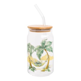 Silver Buffalo Disney Lilo and Stitch Relaxing Chilling in Hammock Island Glass Jar Tumbler with Bamboo Lid and Glass Straw, 16 Ounces