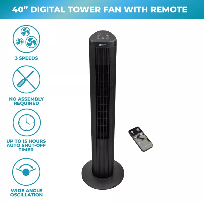Comfort Zone 40" 3-Speed Oscillating Portable Tower Fan with Remote,