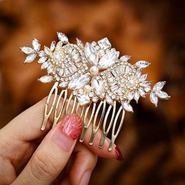 Foyte Crystal Bride Wedding Hair Comb Silver Flower Bridal Headpieces Leaf Hair Pieces Rhinestone Bridesmaid Side Combs Hair Accessories for Women and Girls (gold crystal)